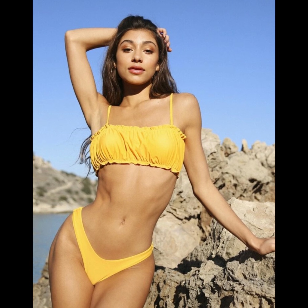 Ruffle trim top with high cut bottom bikini